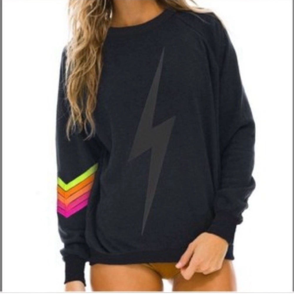 Aviator Nation Black Sweatshirt with Neon Stripe Chevron Sleeve & Lightning Bolt
